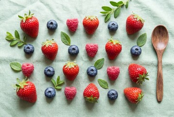 Fresh strawberries blueberries and raspberries arranged on green linen with wooden spoon