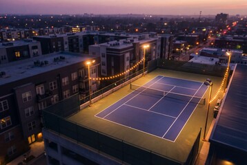 Fototapeta premium Illuminated blue tennis court on a city rooftop at dusk with warm string lights and skyline