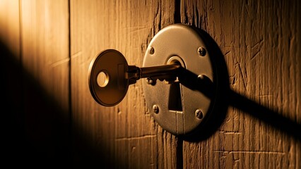 Mysterious key unlocks the secrets of an aged wooden door in a dimly lit room