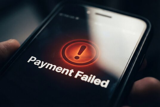 Close up of smartphone screen displaying payment failed message with red warning icon held by hand