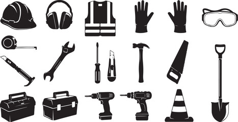 Construction tools and equipment icons in black and white