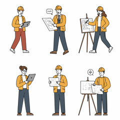 Collection of construction professionals (architects, engineers) reviewing blueprints and using digital tablets, isolated vector illustrations in hard hats.