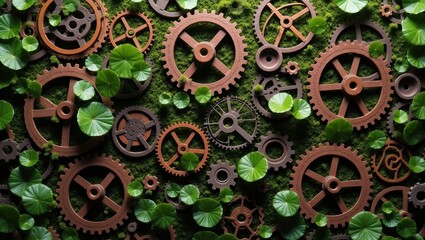 Fototapeta premium Rustic gears amidst green leaves