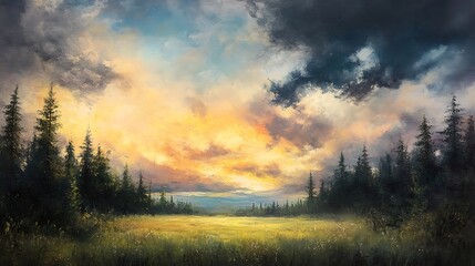 Obraz premium Dramatic sky over a field with trees at sunset or sunrise