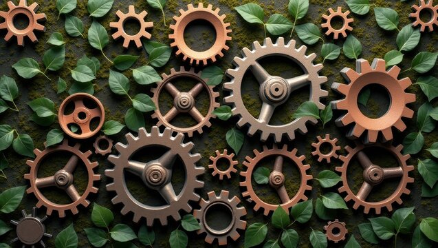 Rusty gears embedded in green leaves