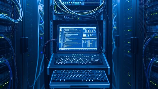 Server Room Environment with Data Processing Equipment and Display Analyzing Data Information - Powered by Adobe