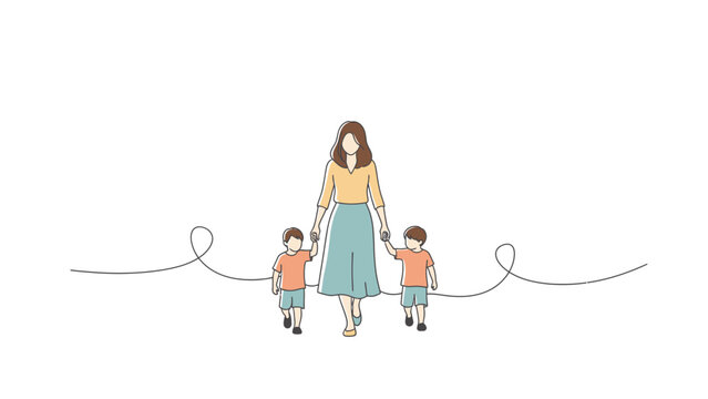 A mother walks hand-in-hand with her two young sons, depicted in a minimalist line art style.