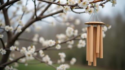Bamboo wind chime hanging on blossoming tree