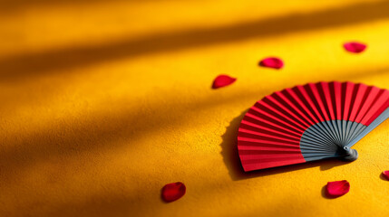 Red decorative fan, valentine envelope, and scattered rose petal on yellow background create romantic and elegant atmosphere with warm sunlight casting soft shadows