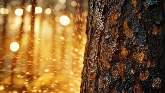 Sunlit Forest - Close-Up of Tree Bark in Golden Light.