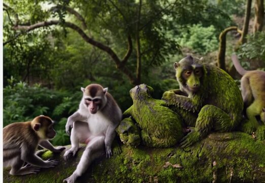 Group of Monkeys Sitting Together on a Moss- Covered Tree Branch primates animals