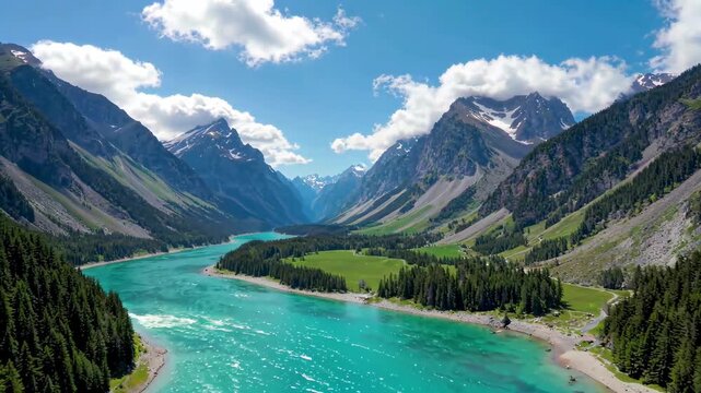 River scenery among alpine forests