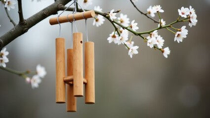Bamboo wind chimes hanging on a blossoming tree