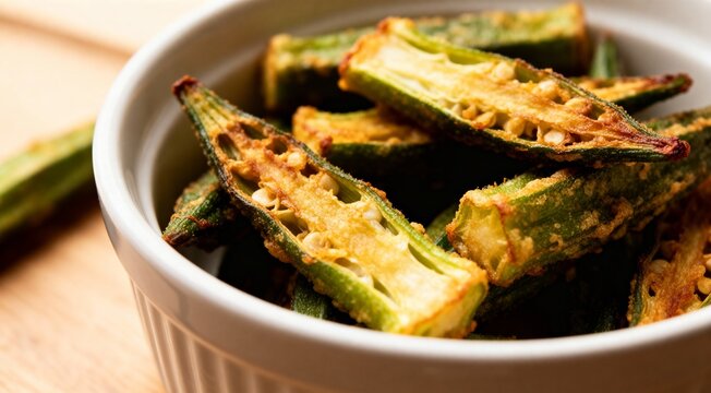 Crispy okra chips in a white bowl. Healthy snack.