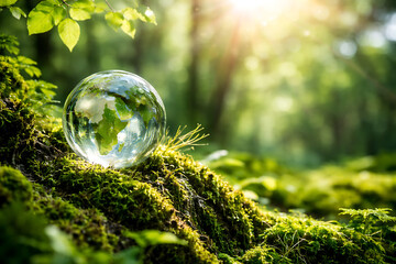 crystal glass globe resting on lush green moss in a sunny forest representing environmental conservation and global sustainability for ecological awareness protection