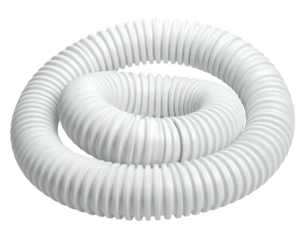 A close-up studio shot showcases a coiled, white, flexible tube. The ribbed surface creates highlights and shadows, offering a textural effect
