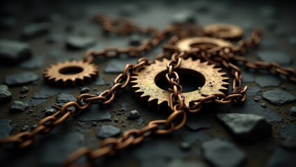 Rusted gears and chains on dark surface