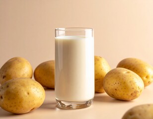 Plant based potato milk in glass surrounded by potatoes on pale surface, concept of non dairy alternative for cooking and baking