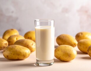 Plant based potato milk in glass surrounded by potatoes on pale surface, concept of non dairy alternative for cooking and baking