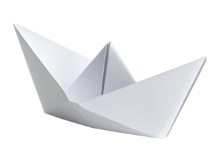 A close-up view of a classic white origami paper boat, perfectly folded and positioned against a transparent background