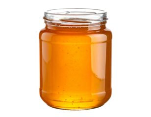 A close-up studio shot showcases a jar brimming with golden, translucent liquid. The jar sits against a solid black background