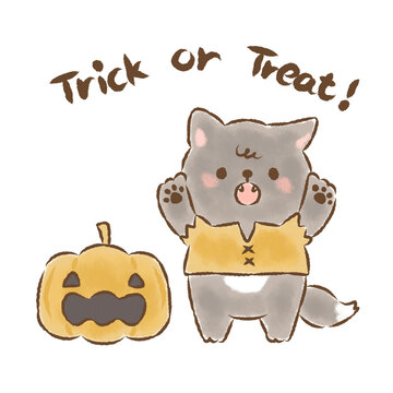 ハロウィンにトリックオアトリートと伝える狼の子とかぼちゃのイラスト
