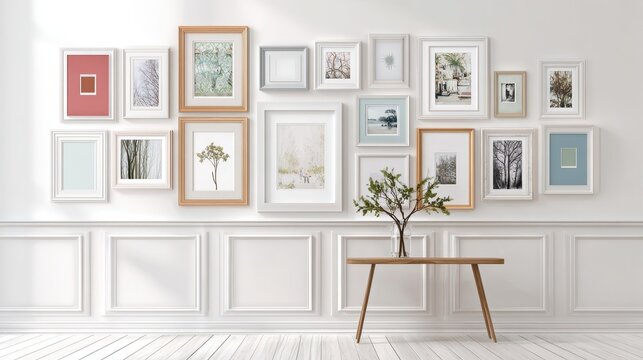 Wall of multiple picture frames mockup above wooden table in classic interior