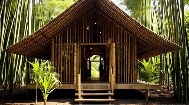 Wooden Bamboo House in Forest.