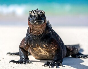 Close-up of a dark-skinned reptile on a sandy beach