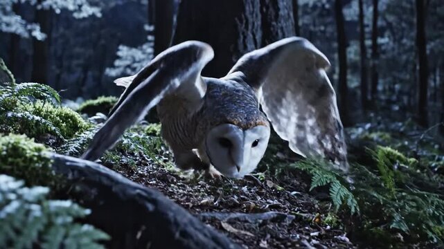 An elegant barn owl silently hunts through a moonlit, snow-dusted forest at night