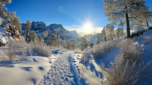 Winter Wonderland - A Snowy Path Through a Mountain Landscape.