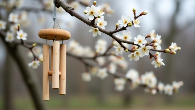 Delicate wind chime hanging among cherry blossoms
