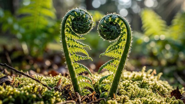 Fiddlehead Ferns Growing in Forest Moss.