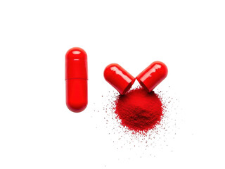 Red capsules and powder isolated on transparent background
