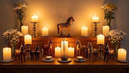 Serene spiritual altar adorned with majestic horse statues, numerous glowing candles, and delicate flowers