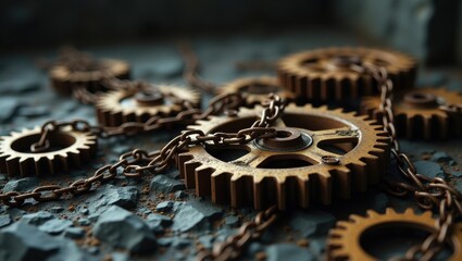 Rusted gears and chains