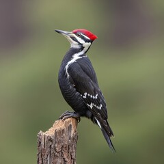 Striking Pileated Woodpecker Profile: A Detailed Avian Portrait on Weathered Stump Perch