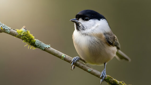 Small Marsh Tit with Characteristic Black Cap Perched on a Moss-Covered Branch Against a Blurry Background