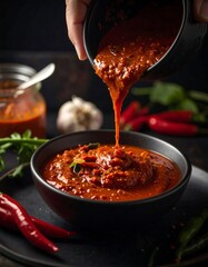 Spicy red sauce being poured