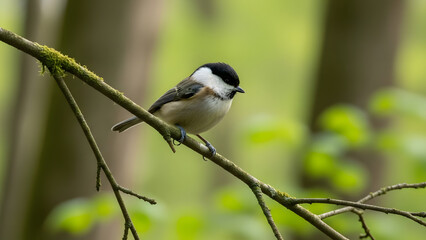 Obraz premium Small Marsh Tit Bird Perched on a Simple Branch Surrounded by Vibrant Green Forest Foliage
