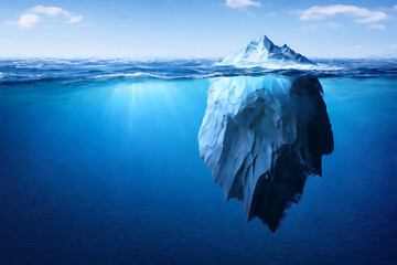 Stunning view of a frozen iceberg floating in the calm blue ocean with the massive hidden part visible beneath the water surface on sunny day