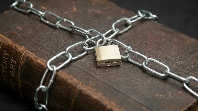 book Wrapped in Metal Chains and Padlock on Dark Background