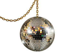 Disco ball hanging from chain isolated on transparent background
