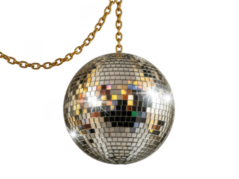 Disco ball hanging from chain isolated on transparent background - Powered by Adobe