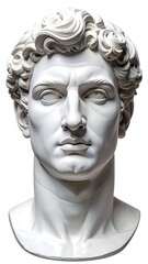 A classic white marble bust of a stern-faced, curly-haired male figure