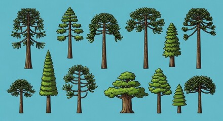 Stylized collection of varied tree species illustrating forest diversity and botanical illustration