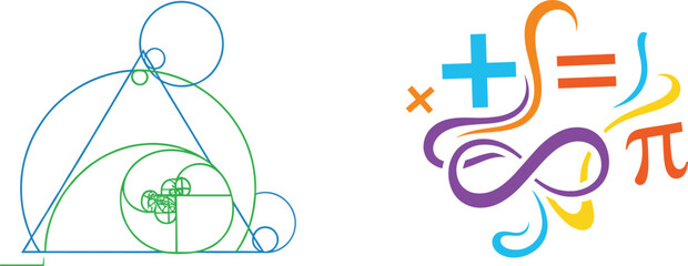 Math icons, golden ratio spiral, colorful symbol design, black illustration, science branding, equation concept, geometry badge, academic emblem