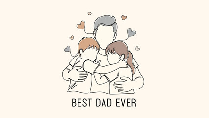 Obraz premium A heartwarming illustration of a father embracing his two children, surrounded by small hearts, with the text 