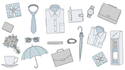 A collection of masculine accessories and gifts, including clothing, accessories, and presentation items.