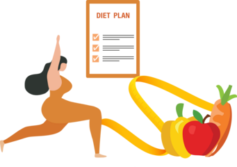 Diet plan concept. People do jogging and riding and eating healthy food for dietary eating, meal planning, healthy lifestyle and nutrition vector illustration	

